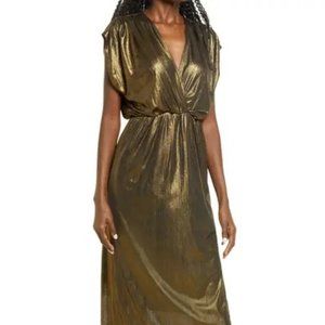 Gold Metallic Maxi Dress with V-Neck